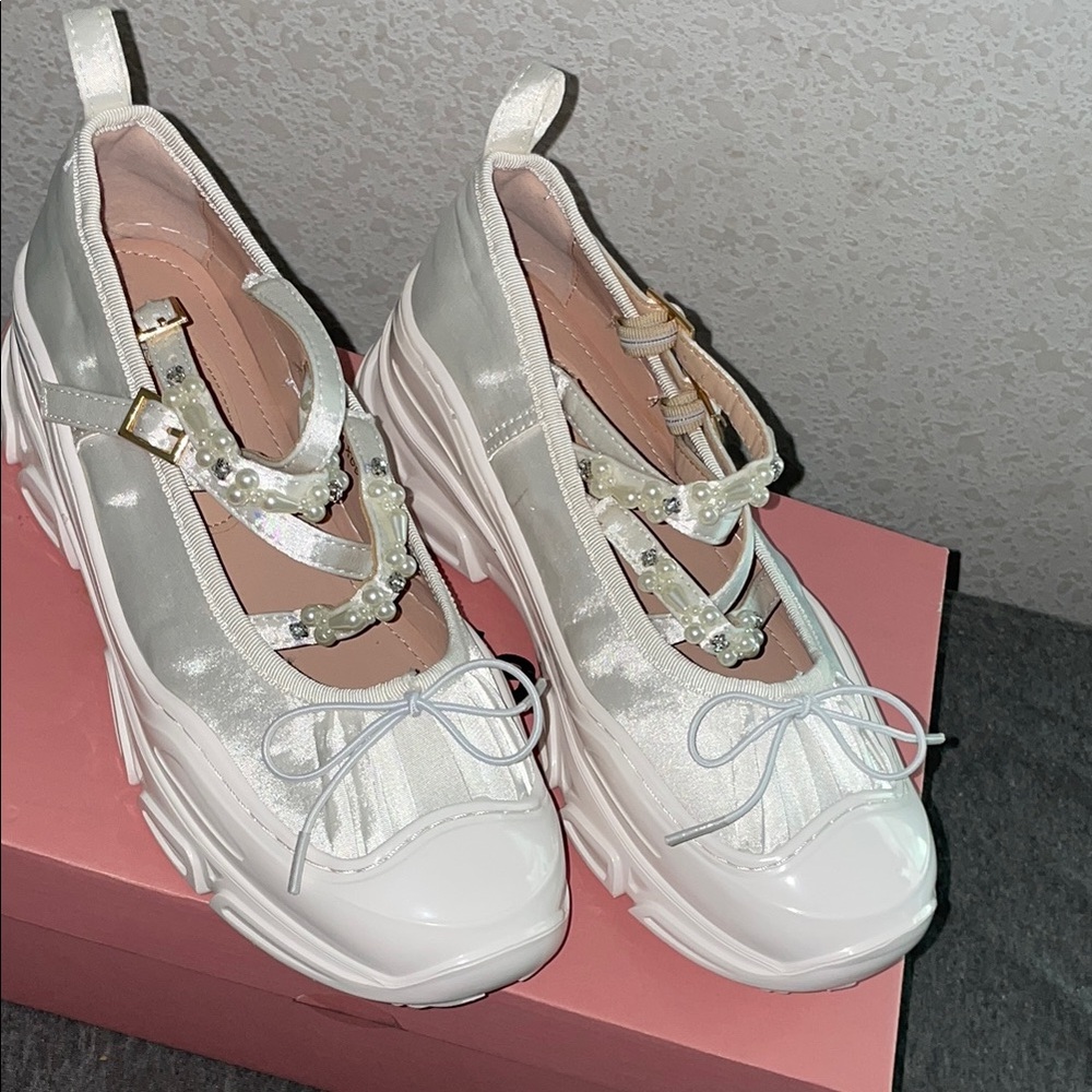 Satin Ballet Sneakers with Pearls